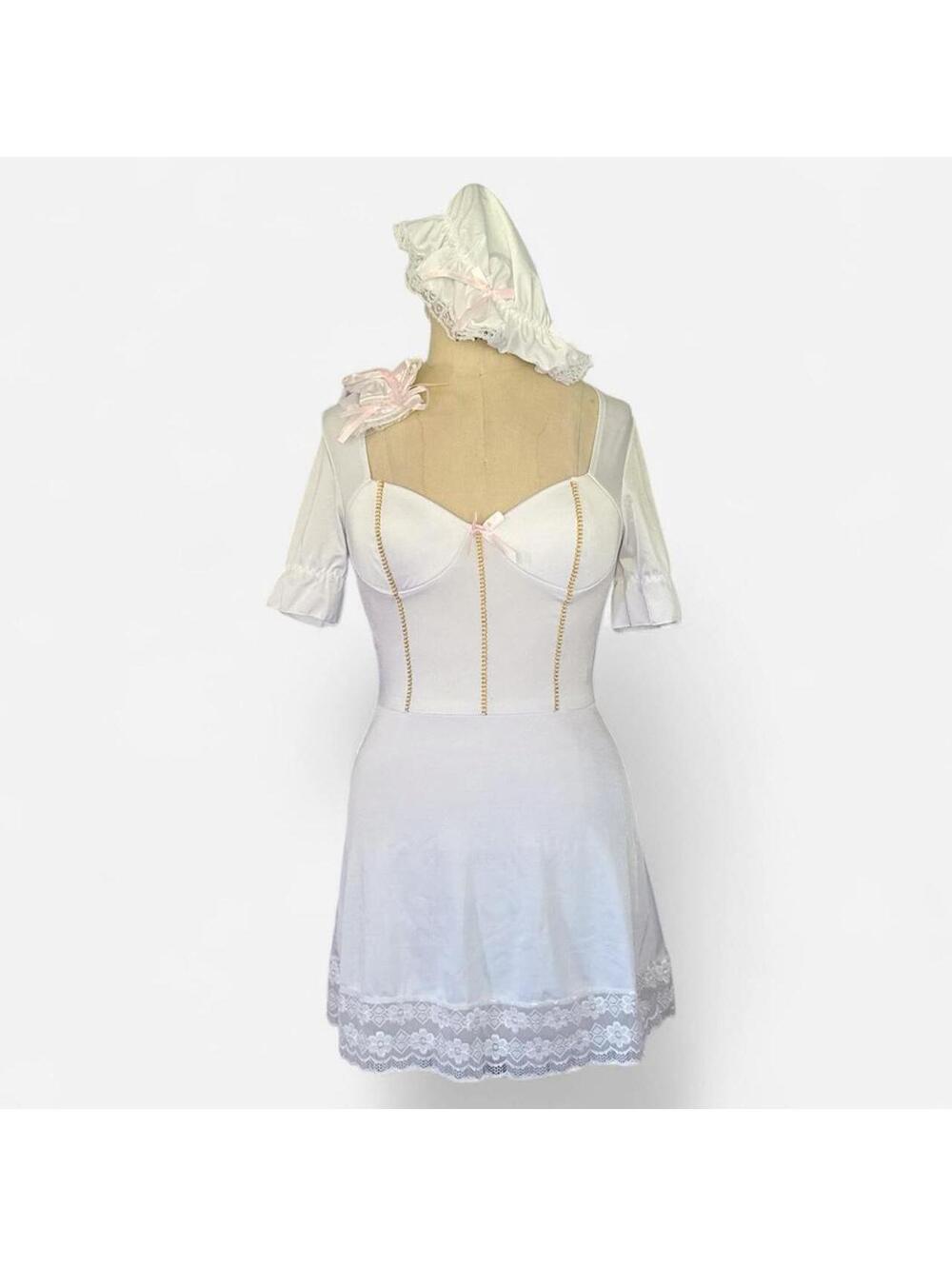 Y2K White Pink Bo Peep Shepherdess Ruffle Sexy Halloween Costume Set
